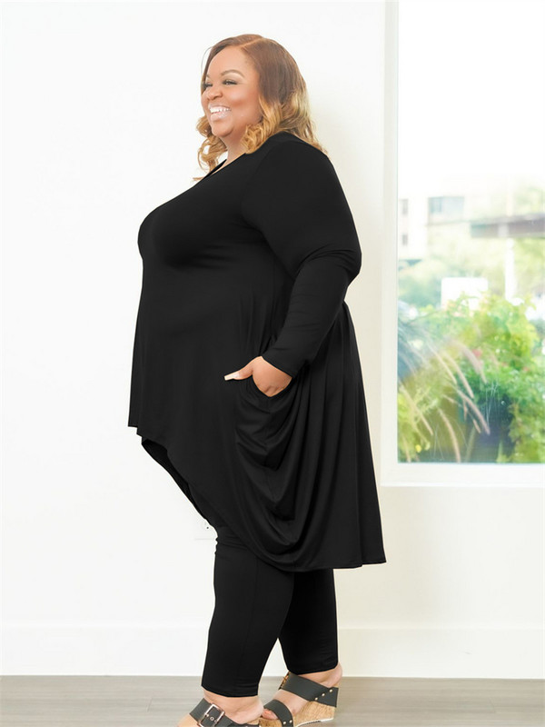 Plus Size Two Piece Outfits Γυναικείες casual τσέπες Loose top κολάν Σετ φόρμα στιβαρής ελαστικότητας 3xl 4xl 5xl 6xl