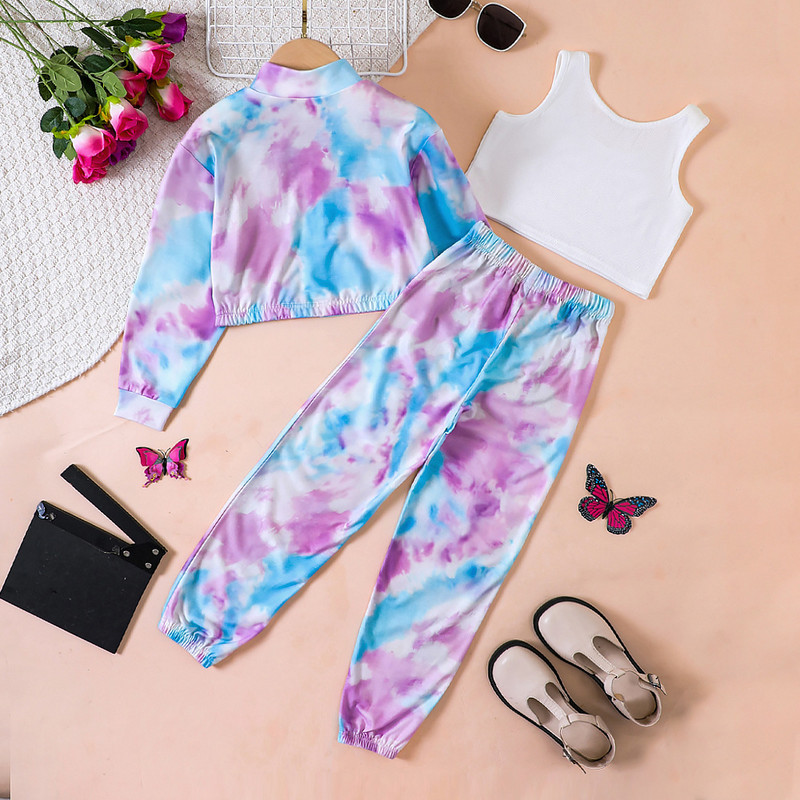 2023 Нов комплект дрехи за момичета с цип с дълъг ръкав Лилави панталони с боядисване на вратовръзка Сладки комплекти от 2 бр. Ежедневни комплекти дрехи за момичета 5-9T