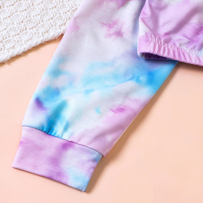 2023 Нов комплект дрехи за момичета с цип с дълъг ръкав Лилави панталони с боядисване на вратовръзка Сладки комплекти от 2 бр. Ежедневни комплекти дрехи за момичета 5-9T