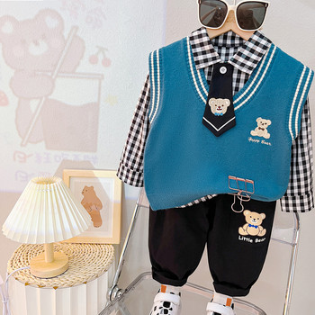 2023 Φθινόπωρο σετ ρούχων για αγοράκια Παιδικά καρτούν γιλέκο αρκουδάκι καρό πουκάμισο Παντελόνι Παιδικά ρούχα Βρεφικά ρούχα Παιδική φόρμα