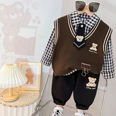 2023 Φθινόπωρο σετ ρούχων για αγοράκια Παιδικά καρτούν γιλέκο αρκουδάκι καρό πουκάμισο Παντελόνι Παιδικά ρούχα Βρεφικά ρούχα Παιδική φόρμα