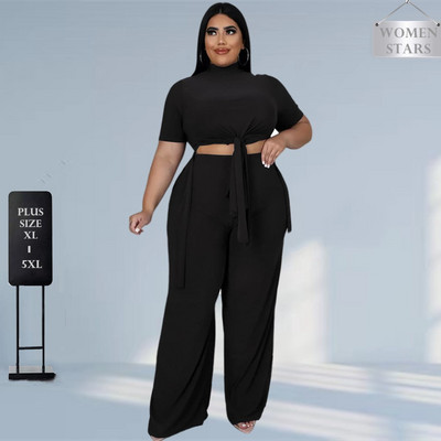 Plus Size Two Piece Outfits Γυναικεία Ρούχα Κοντό μανίκι στρογγυλή λαιμόκοψη χαλαρή ασορτί Σετ ελαστικό casual χονδρική αποστολή αποστολής