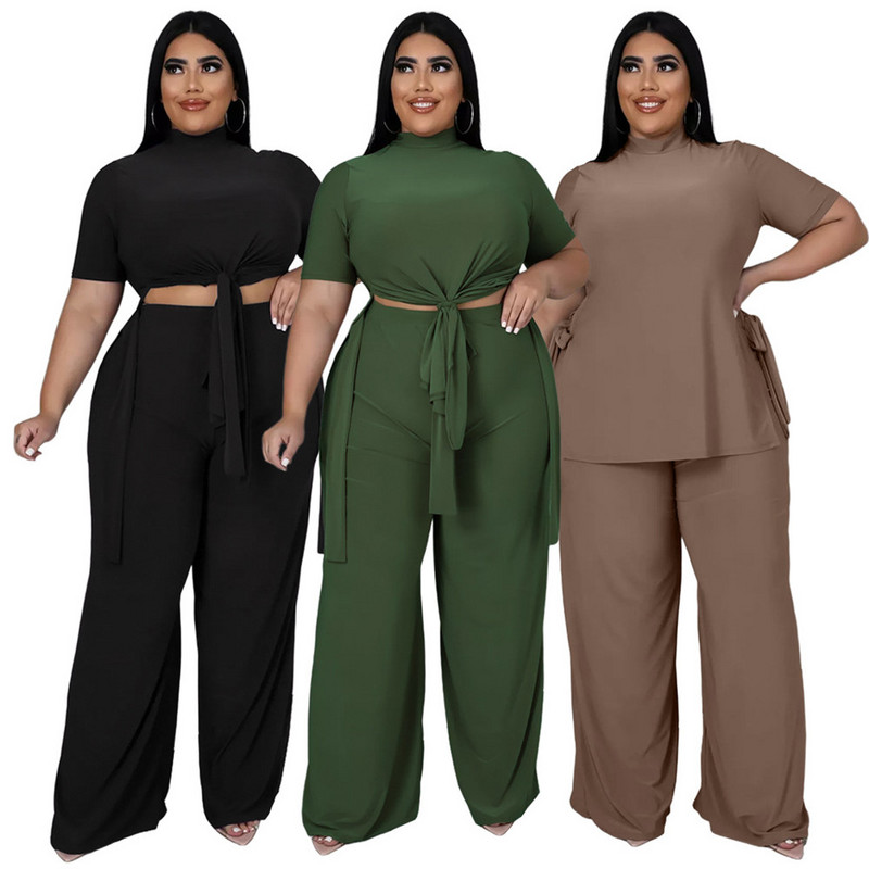 Plus Size Two Piece Outfits Γυναικεία Ρούχα Κοντό μανίκι στρογγυλή λαιμόκοψη χαλαρή ασορτί Σετ ελαστικό casual χονδρική αποστολή αποστολής
