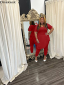 Olivekwoki suures suuruses naiste komplekt Moodne Solid Bandage lühikeste varrukatega kaheosaline komplekt O-kaelusega T-särgi ja pliiatsiga pükste ülikonnad