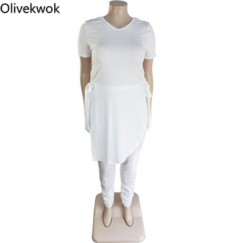 Olivekwok Плюс размер Дамски комплект Моден плътен бандажен комплект с къс ръкав от две части Тениска с О-образно деколте и панталон с молив Костюми