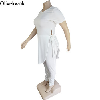 Olivekwok Плюс размер Дамски комплект Моден плътен бандажен комплект с къс ръкав от две части Тениска с О-образно деколте и панталон с молив Костюми