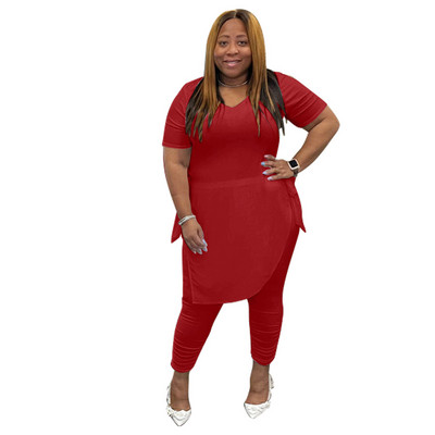 Olivekwoki suures suuruses naiste komplekt Moodne Solid Bandage lühikeste varrukatega kaheosaline komplekt O-kaelusega T-särgi ja pliiatsiga pükste ülikonnad