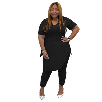 Olivekwoki suures suuruses naiste komplekt Moodne Solid Bandage lühikeste varrukatega kaheosaline komplekt O-kaelusega T-särgi ja pliiatsiga pükste ülikonnad