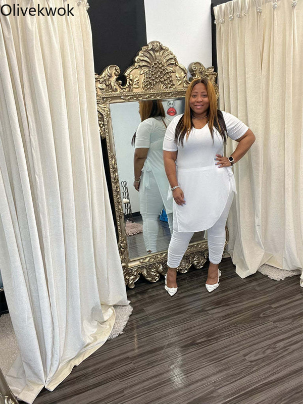 Olivekwoki suures suuruses naiste komplekt Moodne Solid Bandage lühikeste varrukatega kaheosaline komplekt O-kaelusega T-särgi ja pliiatsiga pükste ülikonnad