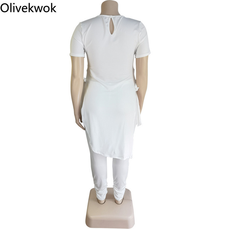 Olivekwoki suures suuruses naiste komplekt Moodne Solid Bandage lühikeste varrukatega kaheosaline komplekt O-kaelusega T-särgi ja pliiatsiga pükste ülikonnad
