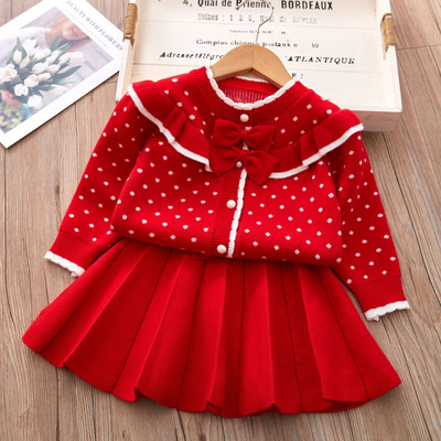Σετ Πλεκτή Φούστα για κορίτσια Φθινοπωρινά Ρούχα Πουά Φιόγκος Ζακέτα μονόχρωμη Πλισέ κοντή φούστα σετ 2 τεμαχίων