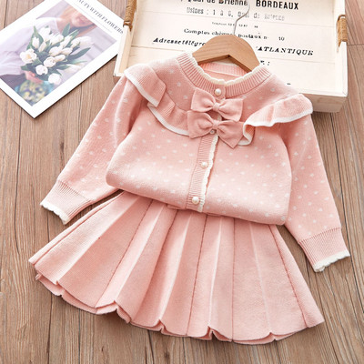 Σετ Πλεκτή Φούστα για κορίτσια Φθινοπωρινά Ρούχα Πουά Φιόγκος Ζακέτα μονόχρωμη Πλισέ κοντή φούστα σετ 2 τεμαχίων