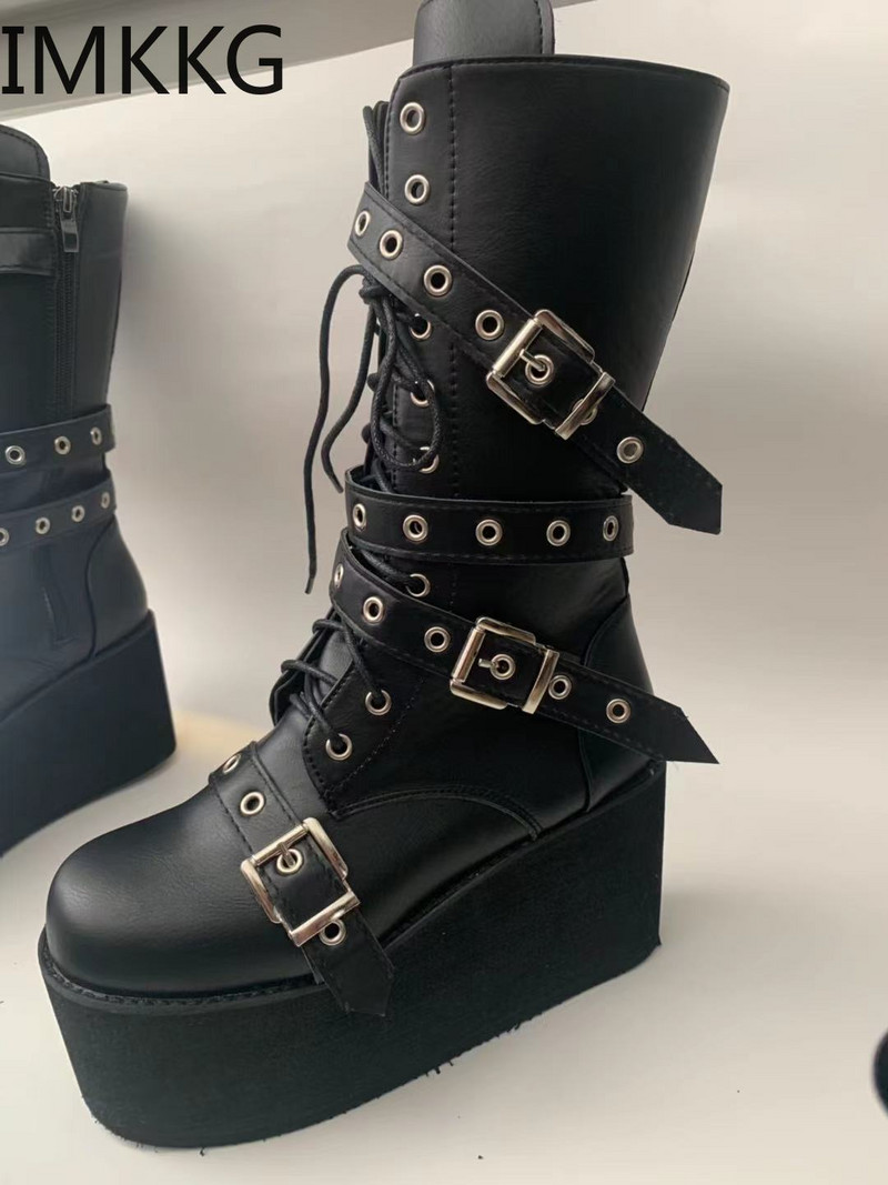Μαύρες γοτθικές μπότες μοτοσικλέτας με φερμουάρ Ψηλοτάκουνο Punk Chunky Πλατφόρμα Γυναικείες μπότες στη μέση της γάμπας Γυναικεία παπούτσια De Mujer Μεγάλο μέγεθος 43
