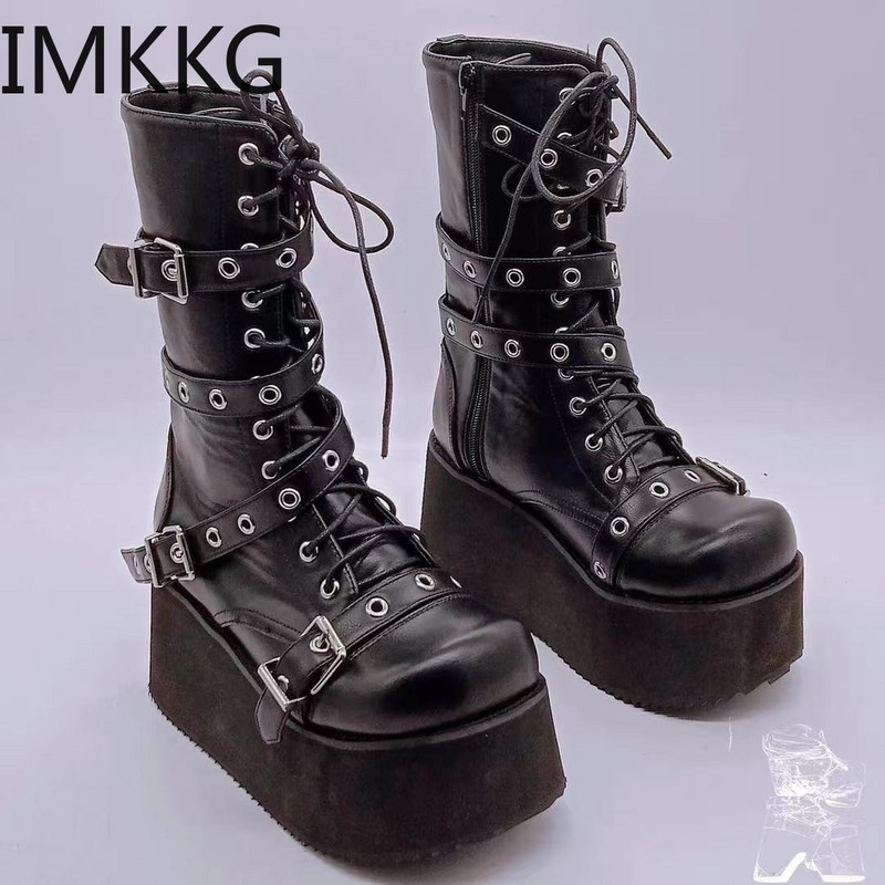 Μαύρες γοτθικές μπότες μοτοσικλέτας με φερμουάρ Ψηλοτάκουνο Punk Chunky Πλατφόρμα Γυναικείες μπότες στη μέση της γάμπας Γυναικεία παπούτσια De Mujer Μεγάλο μέγεθος 43