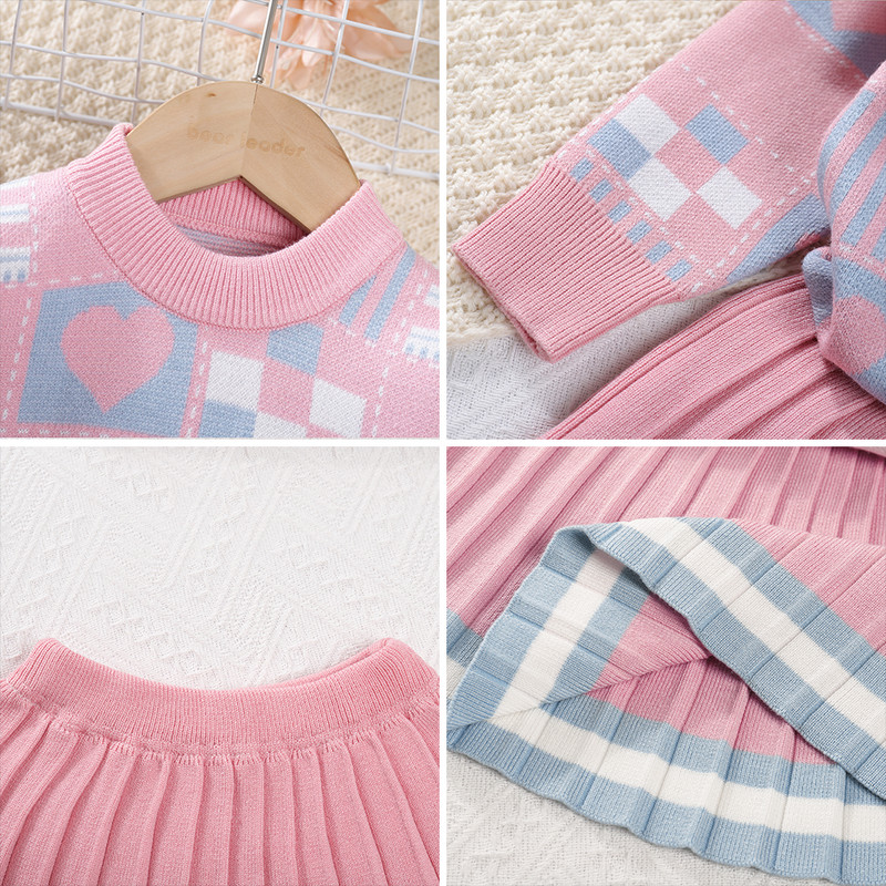 Tüdrukute kampsunite komplektid 2023. aasta sügis/talvine kudumikomplekt Tüdrukutele, geomeetrilise trükiga kootud ülaosa + triibuline plisseeritud seelik, kaheosaline komplekt