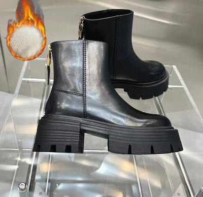2022. aasta kaubamärgi disainiga naiste poolsaapad, mustad nahast platvormsaapad, naiste paksud kontsad, naiste Chelsea saapad, talvekingad