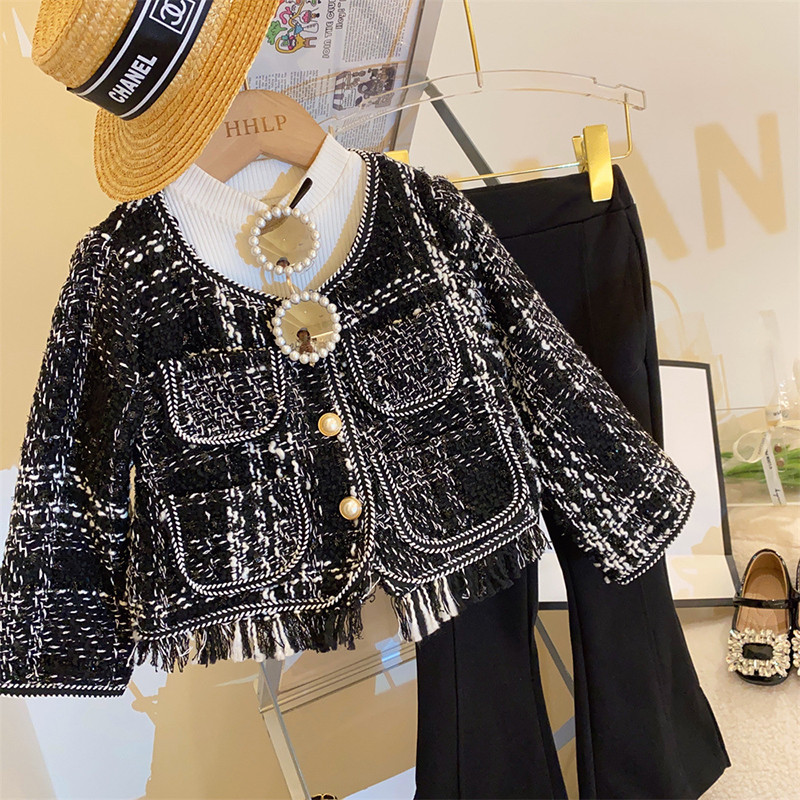 Κορεάτικο ανοιξιάτικο κοστούμι για κορίτσια Σετ μοντέρνο πλεκτό παλτό + φουσκωτό παντελόνι Φθινοπωρινό σετ δύο τεμαχίων Κοριτσίστικο σετ ρούχων πάνω και κάτω