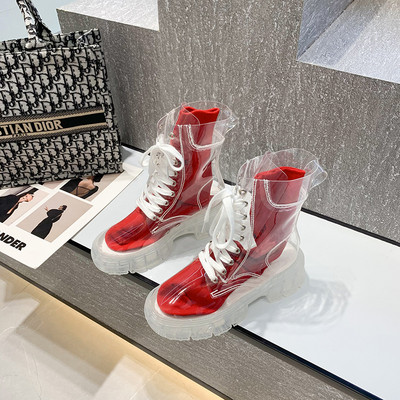 Γυναικείες μπότες μόδας Φθινόπωρο χειμώνα 2022 Νέα με κορδόνια διάφανες μπότες δίχτυ Κόκκινο παντεσπάνι Ζελέ Μποτάκια με χοντρό σόλα