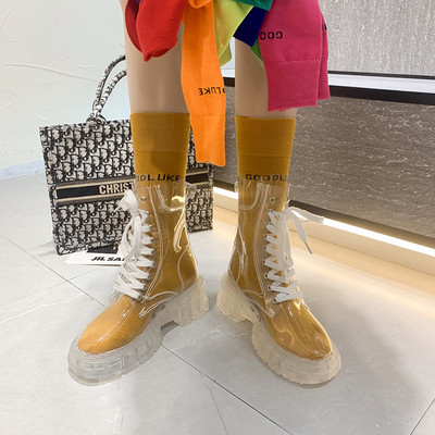 Γυναικείες μπότες μόδας Φθινόπωρο χειμώνα 2022 Νέα με κορδόνια διάφανες μπότες δίχτυ Κόκκινο παντεσπάνι Ζελέ Μποτάκια με χοντρό σόλα