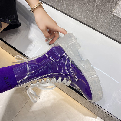 Γυναικείες μπότες μόδας Φθινόπωρο χειμώνα 2022 Νέα με κορδόνια διάφανες μπότες δίχτυ Κόκκινο παντεσπάνι Ζελέ Μποτάκια με χοντρό σόλα