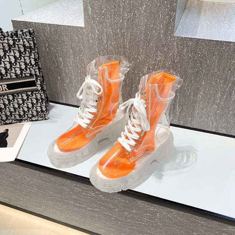 Γυναικείες μπότες μόδας Φθινόπωρο χειμώνα 2022 Νέα με κορδόνια διάφανες μπότες δίχτυ Κόκκινο παντεσπάνι Ζελέ Μποτάκια με χοντρό σόλα
