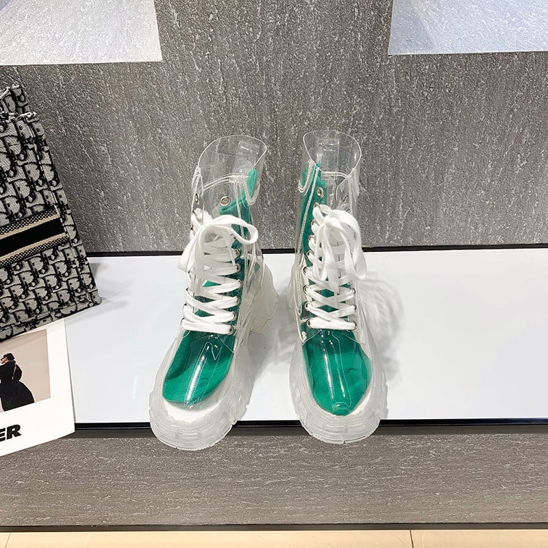 Γυναικείες μπότες μόδας Φθινόπωρο χειμώνα 2022 Νέα με κορδόνια διάφανες μπότες δίχτυ Κόκκινο παντεσπάνι Ζελέ Μποτάκια με χοντρό σόλα