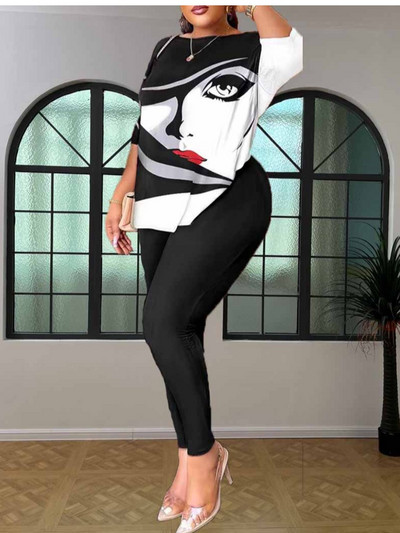 LW Plus Size Jesenná dámska dvojdielna súprava s odhaleným chrbtom, vzorovaná potlač, úzke nohavice, ležérny top s dlhým rukávom, módna streetwear súprava, 2 ks