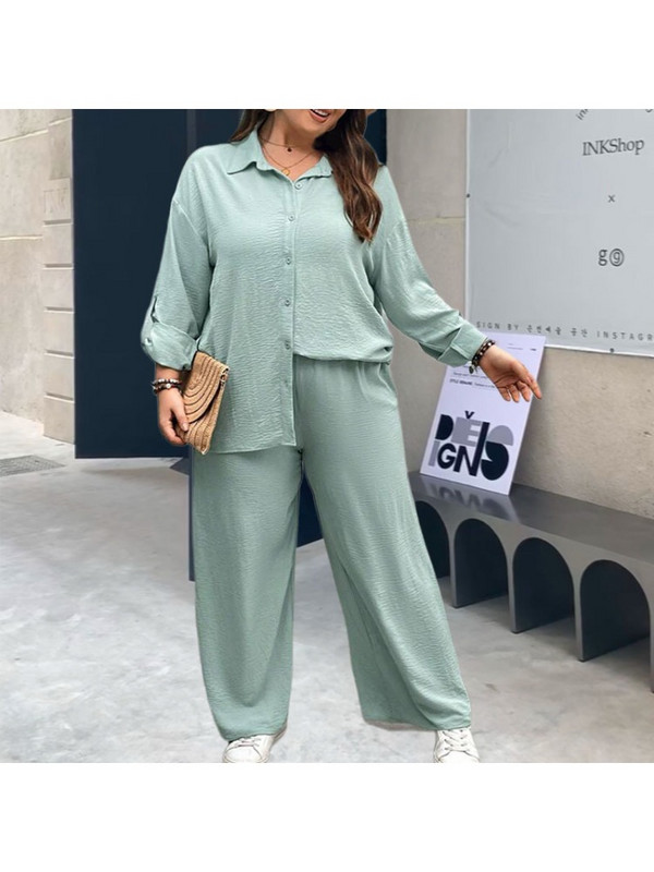 Jesenný oblek, dvojdielna súprava s klopou, široké nohavice, plus size feminino, oblečenie pre plus size ženy