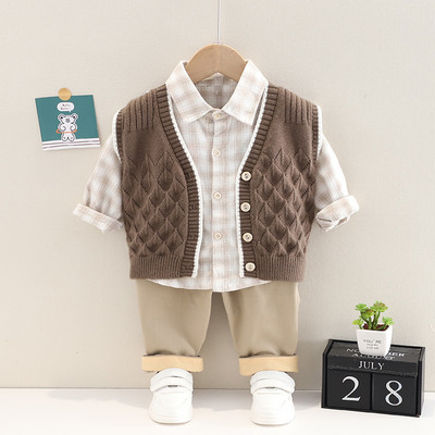 2022 Ανοιξιάτικα Βρεφικά Σετ Ρούχα Παιδικά Παιδικά Πλεκτό Γιλέκο Καρό Πουκάμισο Παντελόνι 3 τεμαχίων Κοστούμι Παιδικά ρούχα Βρεφικά ρούχα