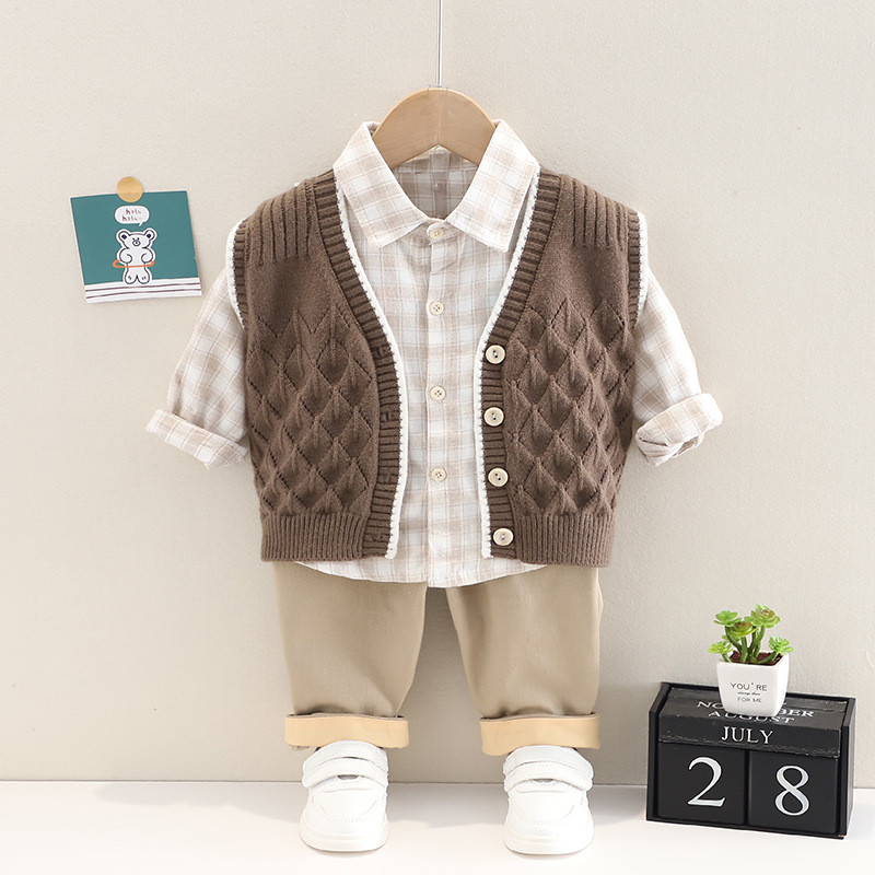 2022 Ανοιξιάτικα Βρεφικά Σετ Ρούχα Παιδικά Παιδικά Πλεκτό Γιλέκο Καρό Πουκάμισο Παντελόνι 3 τεμαχίων Κοστούμι Παιδικά ρούχα Βρεφικά ρούχα