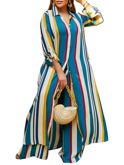 Πουκάμισο με στάμπα φθινοπώρου μόδας σε συνθετικό μέγεθος σετ δύο τεμαχίων Γυναικείο μακρυμάνικο παντελόνι με φαρδύ πόδι Casual φαρδύ κοστούμι δύο τεμαχίων