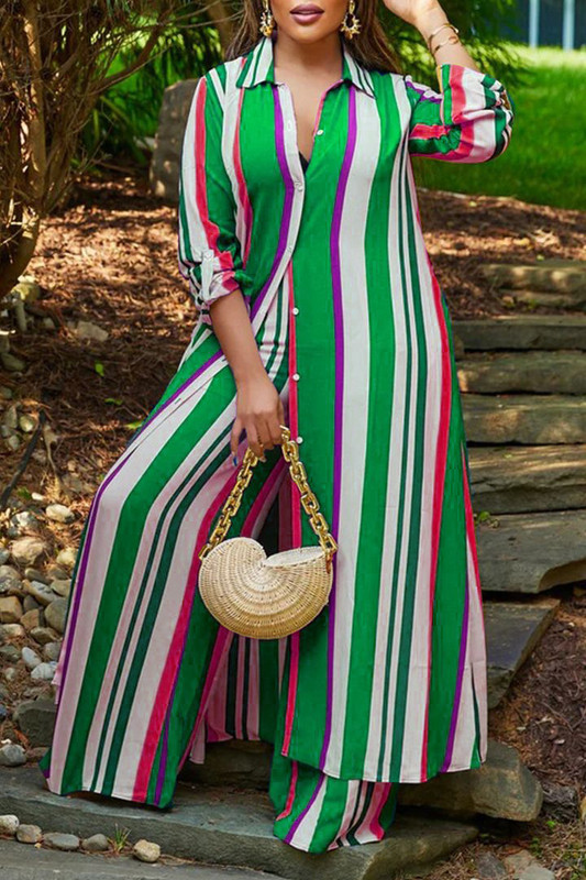 Πουκάμισο με στάμπα φθινοπώρου μόδας σε συνθετικό μέγεθος σετ δύο τεμαχίων Γυναικείο μακρυμάνικο παντελόνι με φαρδύ πόδι Casual φαρδύ κοστούμι δύο τεμαχίων