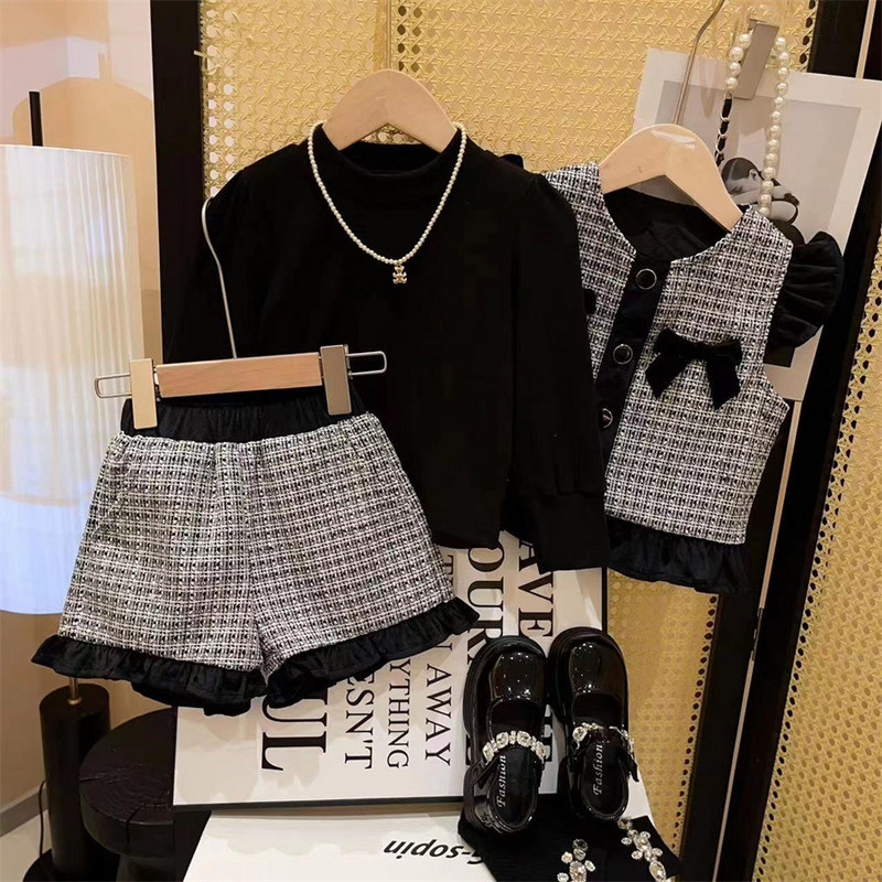 Κοριτσίστικα Σετ Ρούχα 3 τμχ Τουίντ Νέα Σχεδιασμένα Κοστούμια Φθινοπωρινό χειμωνιάτικο πουκάμισο γιλέκο σορτς μπουτίκ Παιδικά 1-10 Ys Fashion Luxury