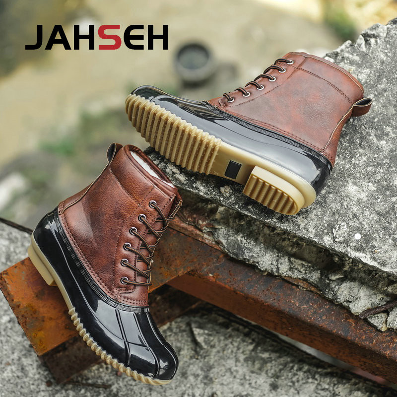 Λούτρινα ζεστά ανδρικά χειμωνιάτικα μπότες για χιόνι Μπότες πάπιας Unisex αδιάβροχες μπότες βροχής από καουτσούκ με κορδόνια μέχρι τον αστράγαλο Παπούτσια μόδας για περπάτημα