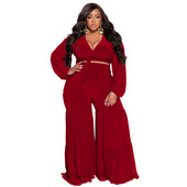 Seturi de mărime Plus sexy cu decolteu în V adânc cu mâneci lungi patchwork pantaloni largi Set două piese femei petrecere ținute casual toamnă