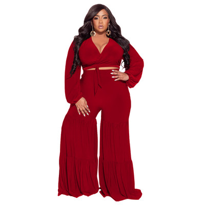 Seturi de mărime Plus sexy cu decolteu în V adânc cu mâneci lungi patchwork pantaloni largi Set două piese femei petrecere ținute casual toamnă
