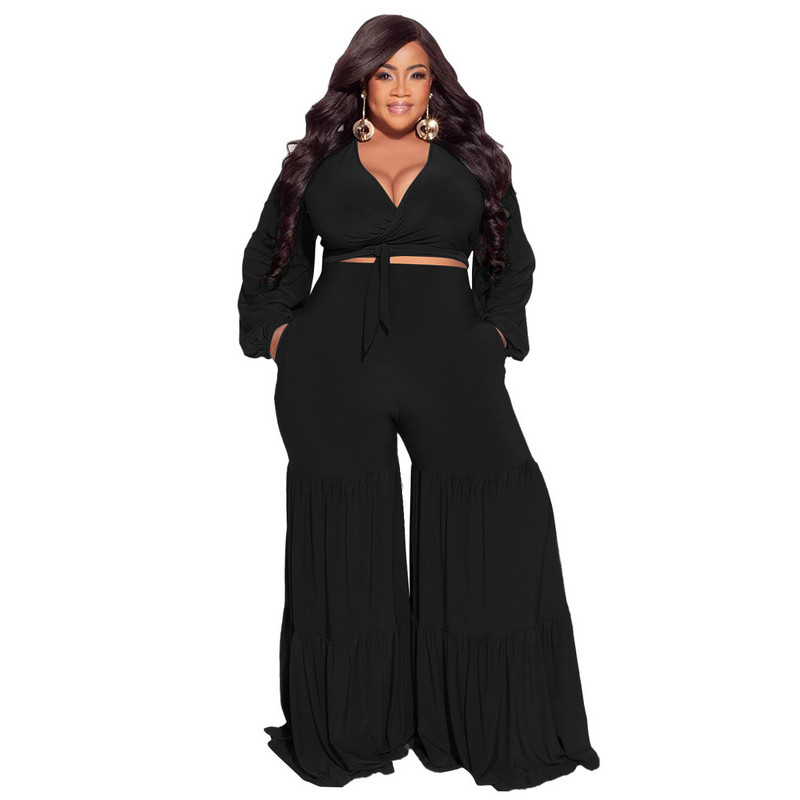 Seturi de mărime Plus sexy cu decolteu în V adânc cu mâneci lungi patchwork pantaloni largi Set două piese femei petrecere ținute casual toamnă