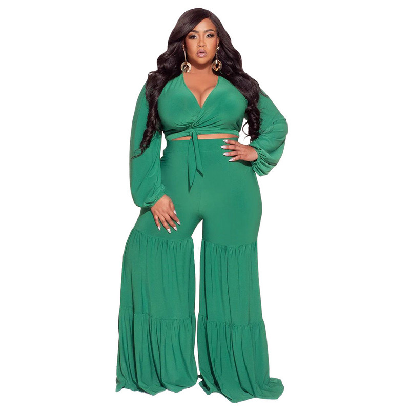 Seturi de mărime Plus sexy cu decolteu în V adânc cu mâneci lungi patchwork pantaloni largi Set două piese femei petrecere ținute casual toamnă