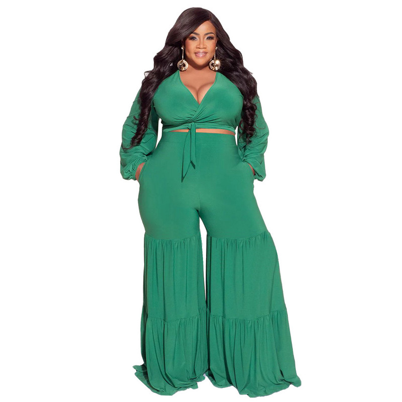 Seturi de mărime Plus sexy cu decolteu în V adânc cu mâneci lungi patchwork pantaloni largi Set două piese femei petrecere ținute casual toamnă