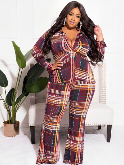 Seturi de 2 piese Ținute pentru femei Plus Size Homewear Set femei de iarnă Cămașă în carouri casual și pantaloni lungi și largi Vânzare cu ridicata Dropshipping
