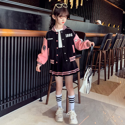 Teismeliste tüdrukute seelikukomplektid Pesapallivorm Sügismood Kirjaprint Patchwork jakkmantel + plisseeritud seelik 2tk JK komplektid 4-14 a