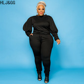 HLJ&GG Casual μανίκι φαναριού Σχέδιο δύο τεμαχίων σετ συν μεγέθους Γυναικείες στολές XL-5XL Γυναικεία μασίφ μπλούζα και στενές φόρμες