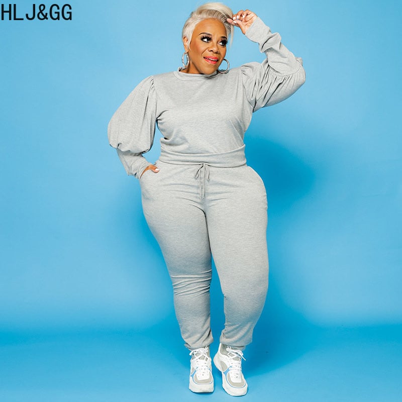 HLJ&GG Casual μανίκι φαναριού Σχέδιο δύο τεμαχίων σετ συν μεγέθους Γυναικείες στολές XL-5XL Γυναικεία μασίφ μπλούζα και στενές φόρμες