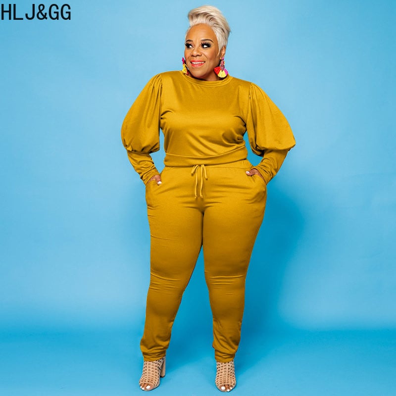 HLJ&GG Casual μανίκι φαναριού Σχέδιο δύο τεμαχίων σετ συν μεγέθους Γυναικείες στολές XL-5XL Γυναικεία μασίφ μπλούζα και στενές φόρμες