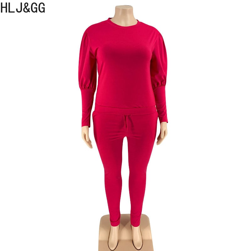 HLJ&GG Casual μανίκι φαναριού Σχέδιο δύο τεμαχίων σετ συν μεγέθους Γυναικείες στολές XL-5XL Γυναικεία μασίφ μπλούζα και στενές φόρμες