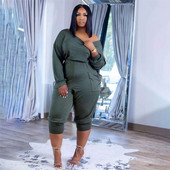 Suures suuruses naiste dressikomplekt Ebaregulaarse kaelusega vabaaja pikkade varrukatega T-särk Kaheosaline püksikomplekt Salongirõivad Dropshipping