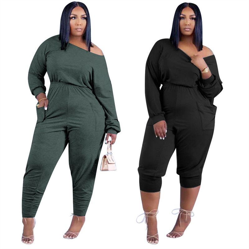 Suures suuruses naiste dressikomplekt Ebaregulaarse kaelusega vabaaja pikkade varrukatega T-särk Kaheosaline püksikomplekt Salongirõivad Dropshipping