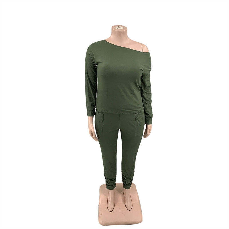 Suures suuruses naiste dressikomplekt Ebaregulaarse kaelusega vabaaja pikkade varrukatega T-särk Kaheosaline püksikomplekt Salongirõivad Dropshipping