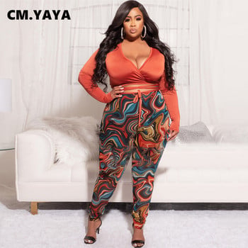 CM.YAYA Plus Size Κομψές Γυναικείες Φόρμες 2 τεμαχίων σετ 2022 με ντραπέ μπλουζάκι με λαιμόκοψη και γραβάτα κολάν παντελόνι ασορτί σετ αθλητικής φόρμας