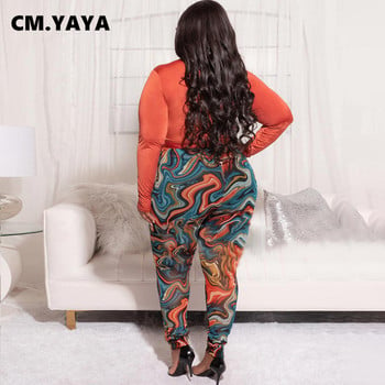 CM.YAYA Plus Size Κομψές Γυναικείες Φόρμες 2 τεμαχίων σετ 2022 με ντραπέ μπλουζάκι με λαιμόκοψη και γραβάτα κολάν παντελόνι ασορτί σετ αθλητικής φόρμας